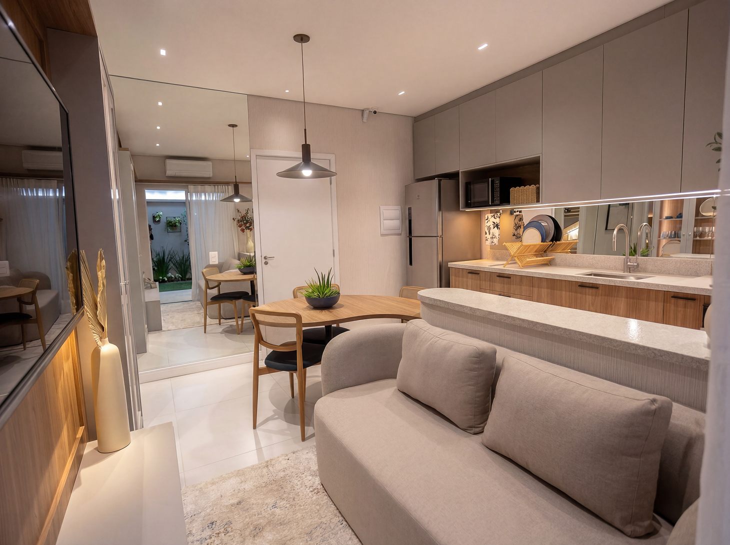 Sala e cozinha integradas do apartamento Bella Vida Graminha