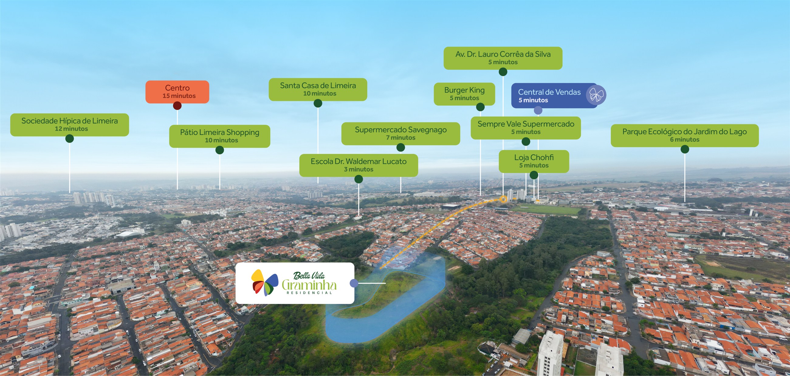 Mapa aéreo com pontos de interesse próximos ao Bella Vida Graminha
