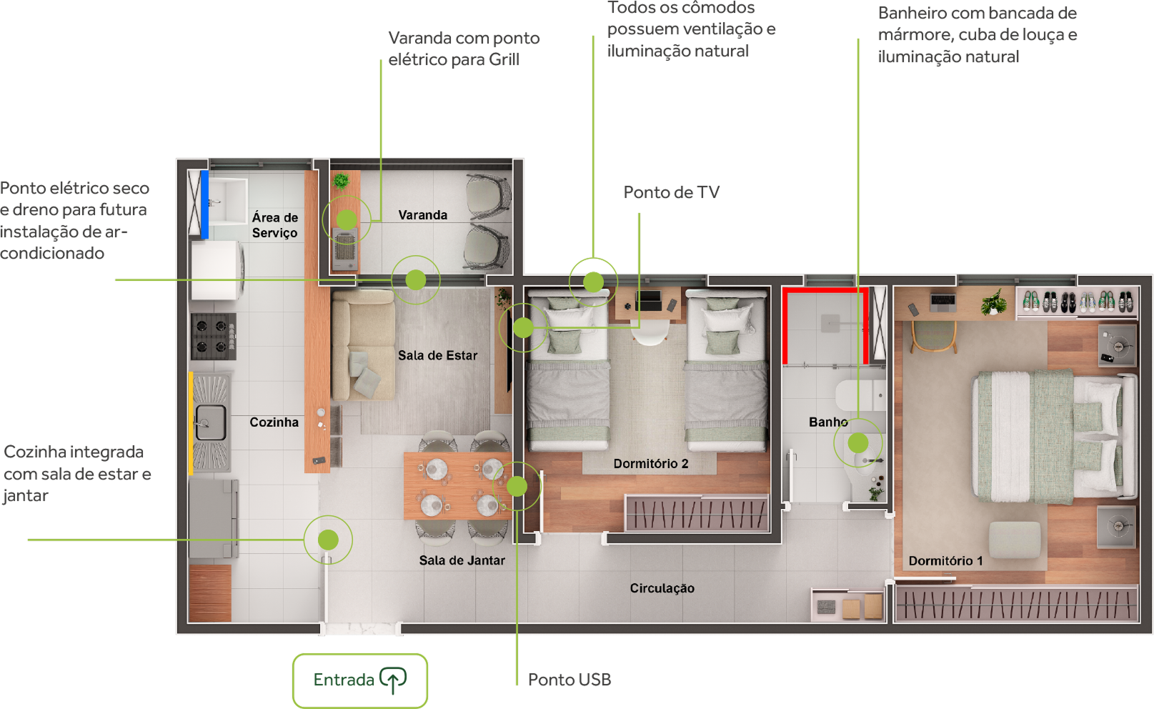 Planta baixa do apartamento de 52,62 m²