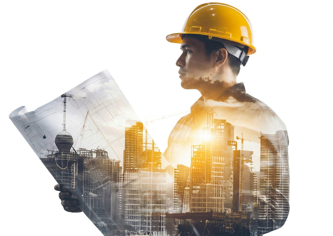 Engenheiro com capacete segurando planta de obra, com skyline de construção ao fundo
